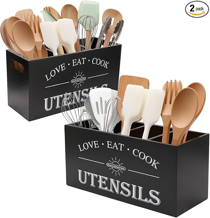 2 PC Wooden Utensil Holder,（With 4-Compartments size*1 + 3-Compartments size*1） Extra Large Kitchen Counter,Cooking Spatula Organizer,Farmhouse Decor, Rustic Cooking Utensil
