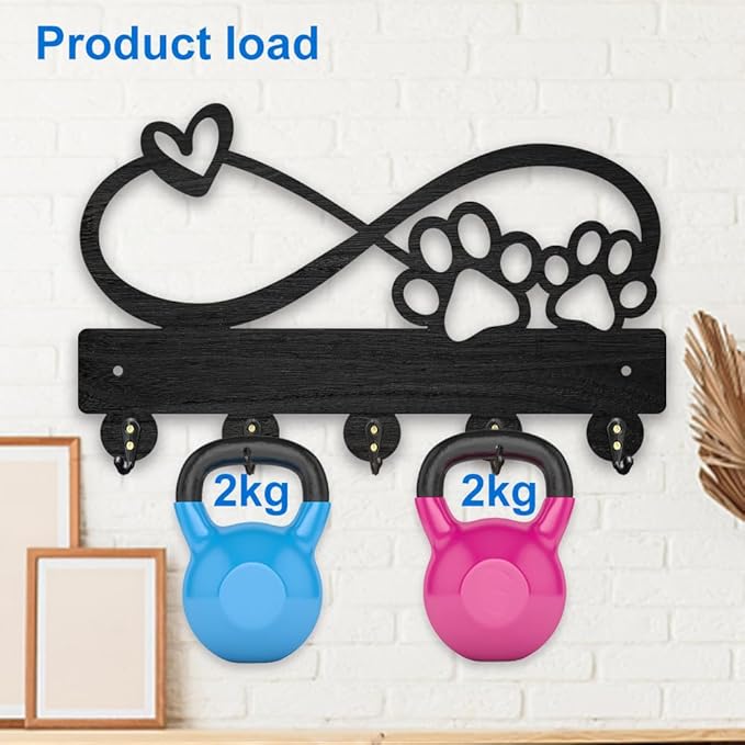 MAYJOYDIY Wood Paw Prints Hearts Coat Rack Infinity Sign Key Holder for Wall 11.8×7.2inch Love Heart Decorative Wall Hooks 5 Alloy Hooks Animal Paw Print Black Wall Hanger for Gifts Entryway Room Home