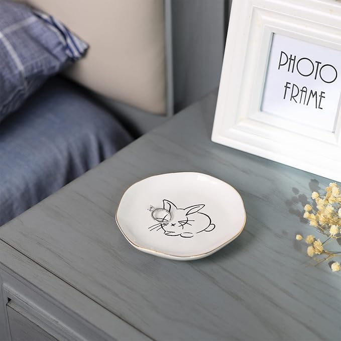 HOME SMILE Bunny Ring Dish,Rabbit Jewelry Tray,Easter Gifts for Women,Ceramic White,4"