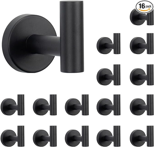NearMoon Bath Towel Hooks- SUS 304 Stainless Steel Robe Hook Holder, Heavy Duty Coat Hook for Bathroom Livingroom Hotel Kitchen Garage, Wall Mounted (Matte Black, 16 Pack)