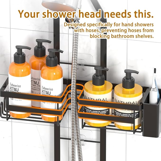 Shower Caddy Hanging for Handheld Showerheads, Rustproof Black Shower Organizer with Hooks, Soap Holder & Toothbrush Holder, No Drilling Shower Storage Rack for Bathroom