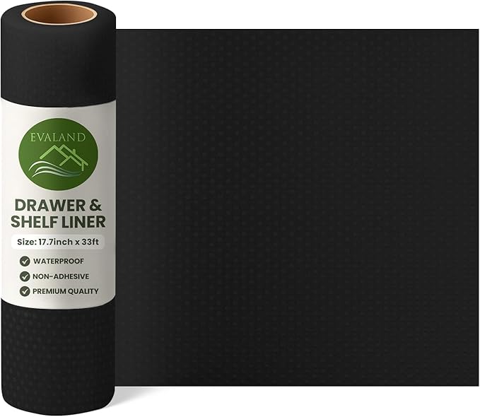 EVALAND Shelf Liners for Kitchen Cabinets Non-Adhesive 17.7" x 33 FT Black Drawer Liner Non Slip, Washable Cabinet Liner, Waterproof Shelf Liners for Cabinets, Refrigerator Bathroom Pantry - Thickened