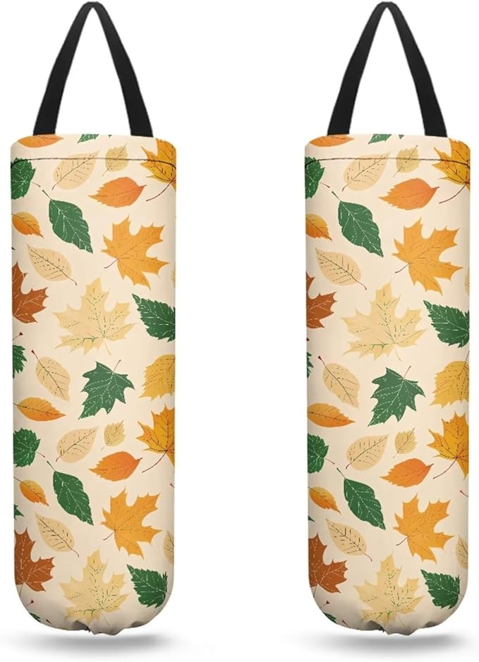 Hanging Plastic Bag Holder Dispenser Set of 2 Reusable Wall Mount Hanging Plastic Bag Storage Organizer for Grocery Bags,Falling Leaves