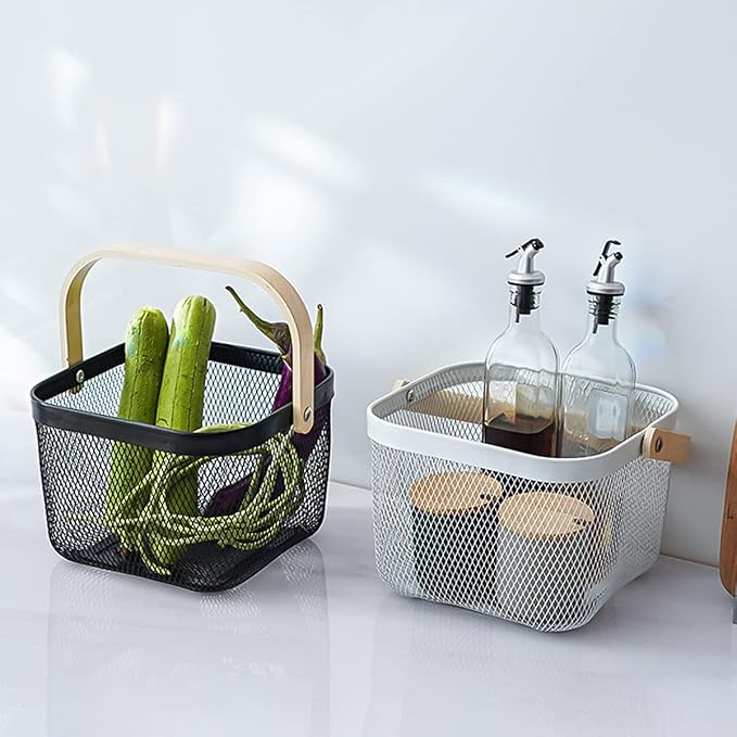 Mesh Steel Storage Organizer Basket Fruit Basket Bin with Wood Handle Ideal for Kitchen Bathroom Picnic Baskets Pantry Cabinets Storage Home Decor (Cold Gray)