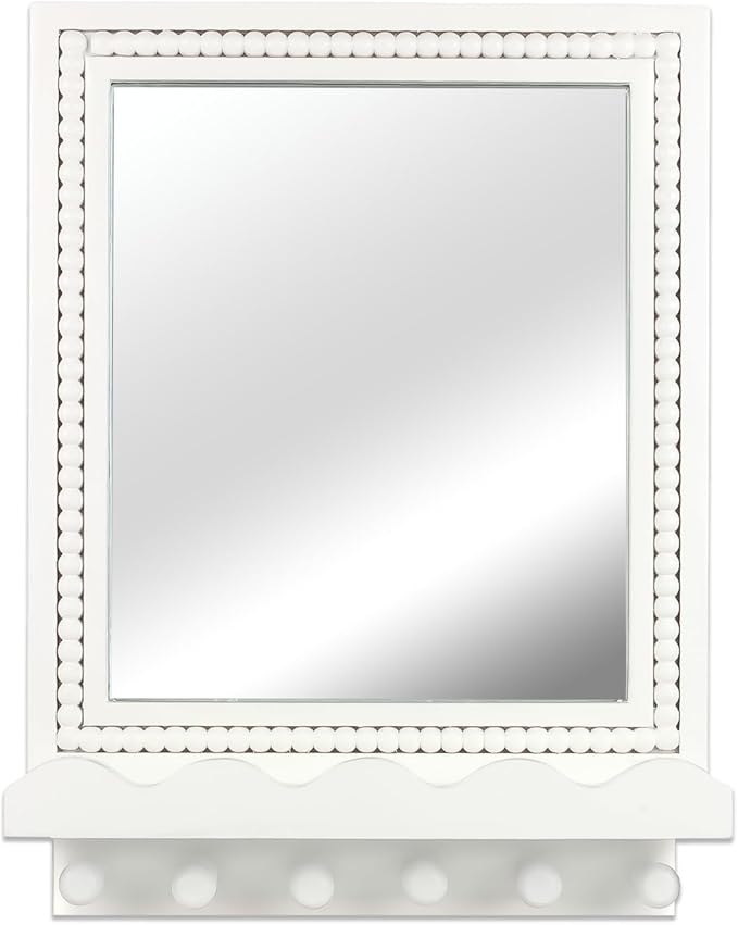 Tirzah 16x12 Inch Wall Mount Beaded Wood Framed Mirror with Shelf and 6 Hooks, White Decorative Entryway Mirror with Storage for Laundry Room, Bathroom, Bedroom