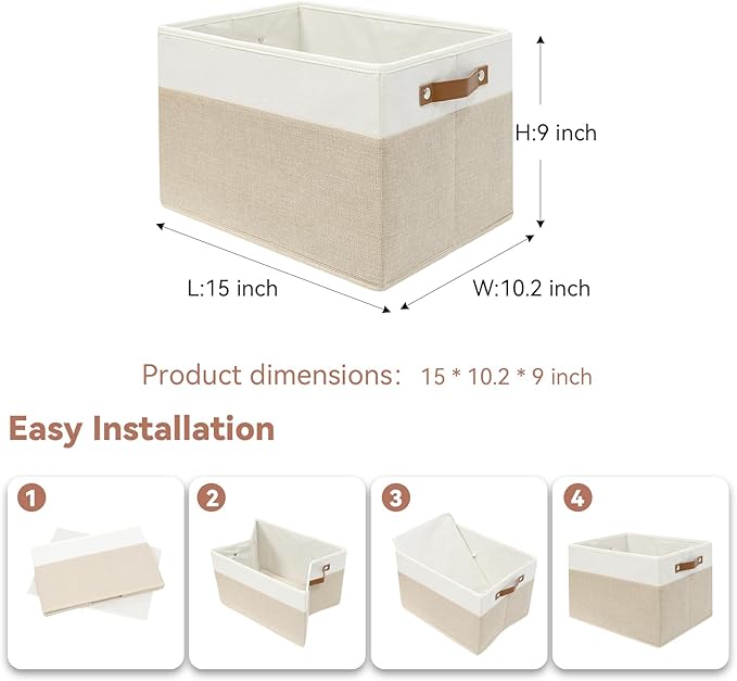 SNWDN 6 Pack Fabric Storage Baskets for Organizing Collapsible Fabric Storage Bins with Handles for Home organization and storage (White/Beige 15''Lx10.2''Wx9''H)