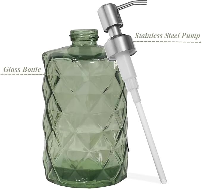 12Oz Green Soap Dispenser Bathroom - 2 Pack, Clear Glass Hand Soap Dispensers with Stainless Steel Pump, Refillable Dish Soap Dispenser for Kitchen, Countertop Soap Dispensers