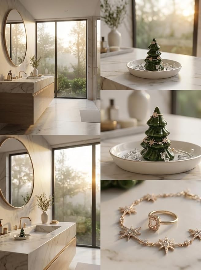 Forest Green Christmas Tree Ring Dish â Ceramic Jewelry Holder for Kitchen Sink or Vanity â Aesthetic Holiday Decor, Xmas Tree Trinket Tray, Birthday or Christmas Gifts for Women