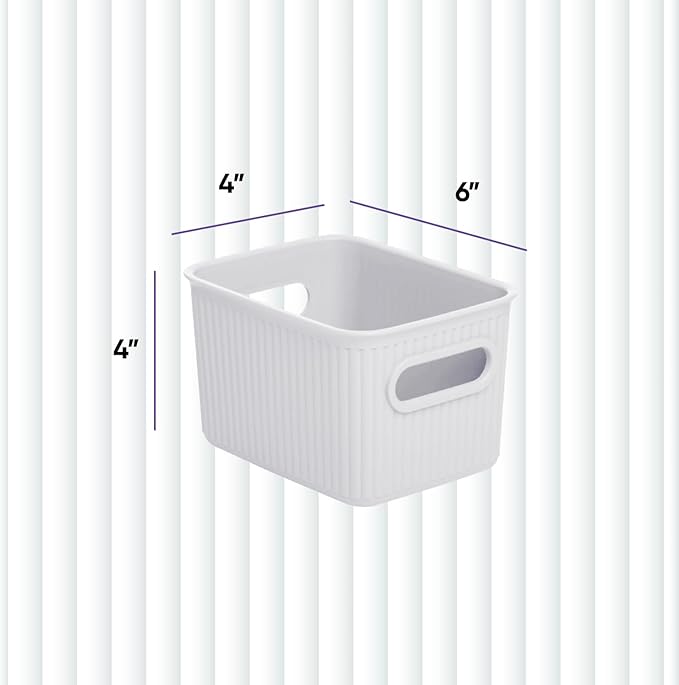Superio Ribbed Collection - Decorative Plastic Basket Open Home Storage Bins Organizer, Small White Smoke (6 Pack) Container Boxes for Organizing Closet Storage Bins for Shelves 1.5 Liter
