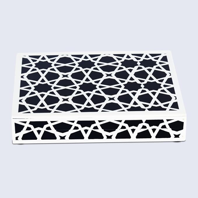 Handicrafts Home Decorative Storage Box with Lid – Black and White Moroccan Zellij Decorative Remote Control Box, Slim Coffee Table Storage Box for Shelf, Desk & Living Room Decor – Zellij 8 x 6 x 1.5