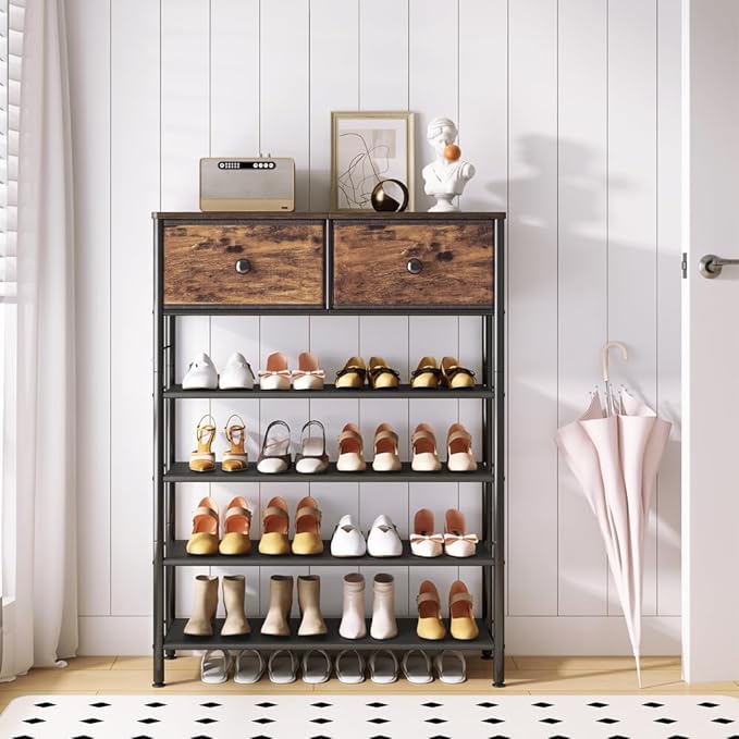 Shoe Rack Organizer 5 Tier Metal Organizer Shelf with Industrial MDF Board and Layer Fabric for Entryway Closet Bedroom Living Room Garage (Black+Rustic Brown, 5 Tier with 2 Drawers)