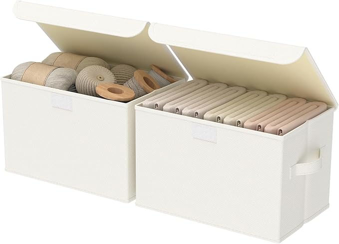 Storage Bins with Lids for Organizing, Closet Boxes with 2 Carrying Handles and Sturdy Heavy Cardboard, Home Organizers Cubes, 2 Pack, Beige, 15 x 9.8 x 9.8 In, XSNY12BEL-2