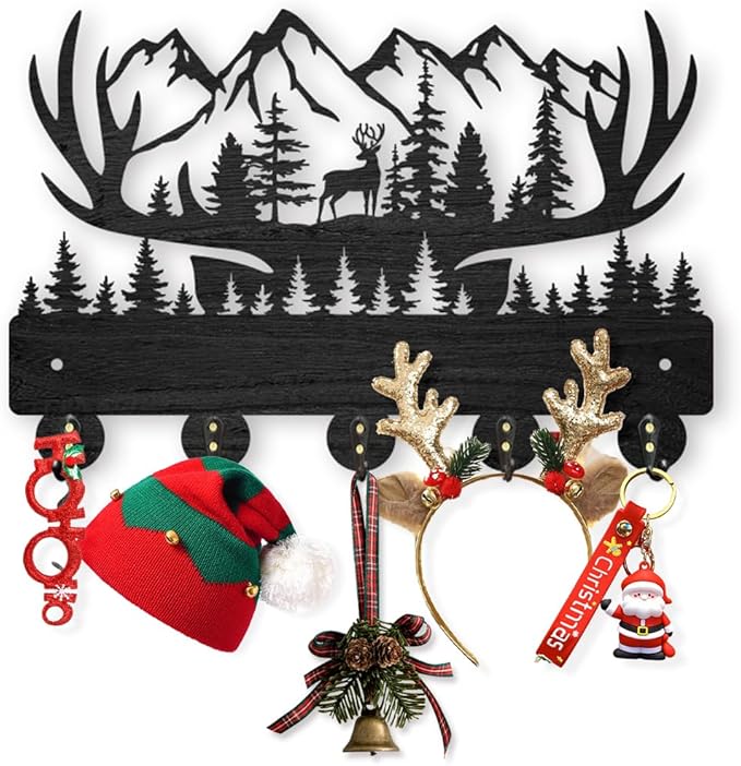 MAYJOYDIY Deer Antlers Key Holder for Wall, 11.8×7.9inch Christmas Decor, Forest Mountain Key Rack Hanger, 5 Alloy Hooks, Animal Theme for Living Room Hallway Office Gift