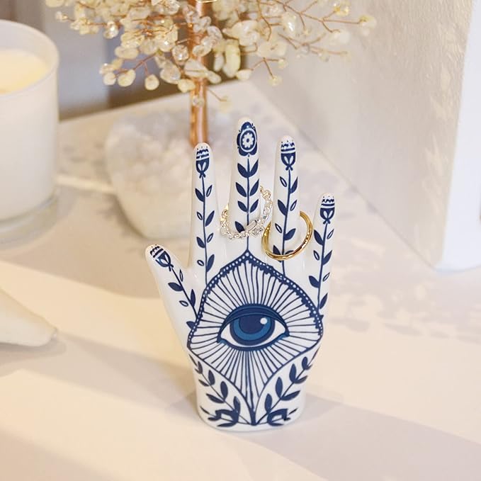 Hamsa Ring Holder organizer, aesthetic Room Decor with Blue Eye Boho style for Bathroom, Bedroom; Gifts for Women Home Decor