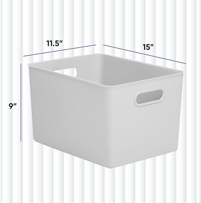 Superio Ribbed Collection - Decorative Plastic Basket Open Home Storage Bins Organizer, X-Large White Smoke (2 Pack) Container Boxes for Organizing Closet Storage Bins for Shelves 22 Liter/23 Quart
