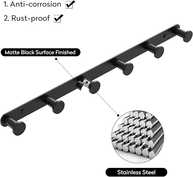 BigBig Home Black Towel Hook, Bathroom Wall Hook Rack with 6 Hooks Matte Bedroom Coat Hook Kitchen Robe Hanger Wall Mount