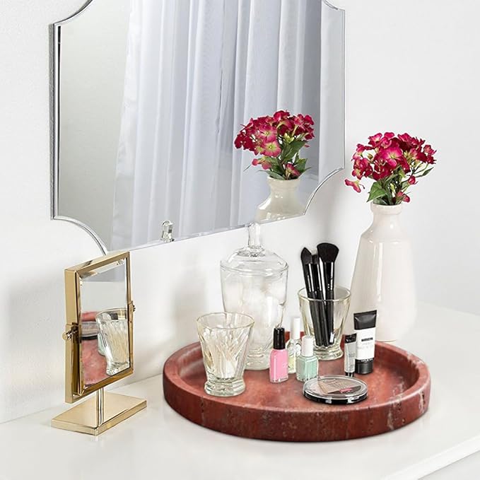 Natural Travertine Tray for Bathroom Countertop & Coffee Table, Round Stone Serving Dish with Marble Finish (Red, 9.84")