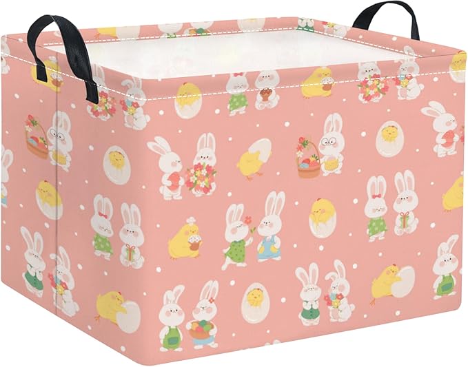 Rectangular Easter Basket for Home Kitchen Baby Girls Basket Cute Storage Bin Organizer Shelf Book Room Decor(Pink Cute Bunny)