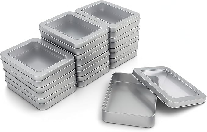 Goodma 12 Pieces Rectangular Empty Metal Tins Home Storage Containers Organizer Mini Box with Clear Window Lid, 4.5 x 3.35 x 0.87 inch (Silver)