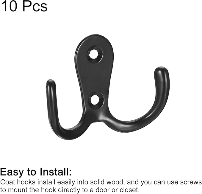 uxcell Wall Hooks, 10Pcs - Zinc Alloy Double Prong Retro Hook, Hooks for Hanging Towel Coat Backpack Clothes Scarf Keys Hat Cup (Black)