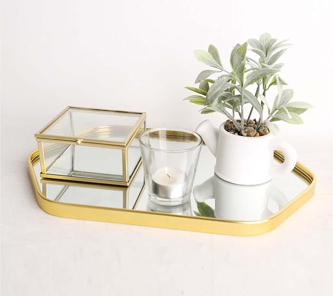 Perfum Trays,Gold Mirror Tray,Vanity Decorative Tray,Non Slip Hexagonal Perfume Organizer for Jewelry,Bathroom,Coffee Table (Hexagonal(M+L))