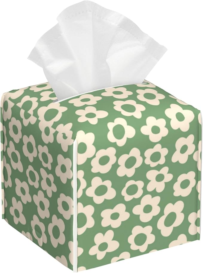 Tissue Box Holder Green Groovy Flower Tissue Box Cover Square Leather Tissue Holder Organizer Portable Decorative Facial Paper Case for Home Office Bathroom Vanity Countertop