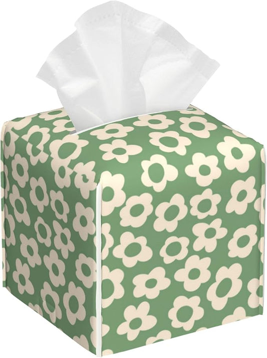 Tissue Box Holder Green Groovy Flower Tissue Box Cover Square Leather Tissue Holder Organizer Portable Decorative Facial Paper Case for Home Office Bathroom Vanity Countertop