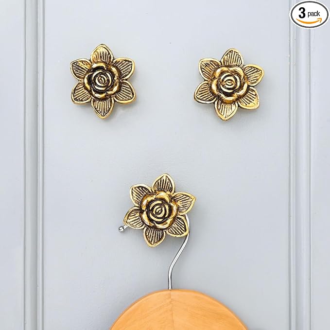 Indian Shelf 3 Pieces Boho Rose Flower Decorative Wall Hooks Gold Floral Vintage Coat Hooks for Hanging Things, Towels, Purse, Bags, Backpack