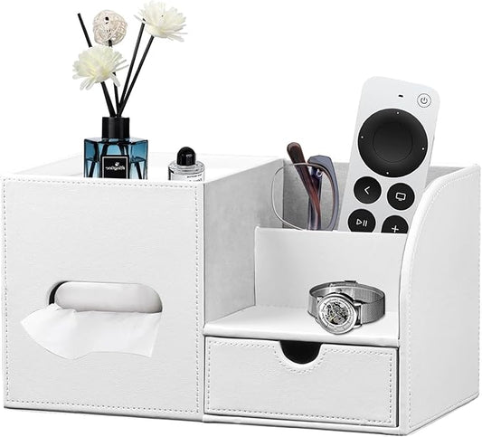 Square Tissue Box Cover with Tray and Organizer,Multi-Functional Decor Cube Tissue Box Holder,Tissue and Remote Control Holder,for Vanity,Nightstand,Bathroom,Home,Office