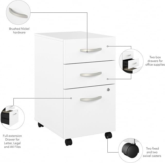 Bush Business Furniture Studio C 3 Drawer Mobile File Cabinet in White | Assembled Office Storage Unit for Home or Commercial Spaces