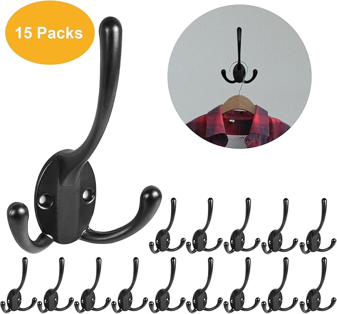 Wall Mounted Coat Hooks 15 Packs Heavy Duty Black Hardware Robe Hooks Decorative for Single Hanging Coats Towel Cubicle Classroom Kitchen Bath Backpack Hat Hook