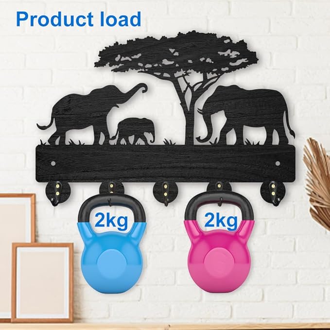 MAYJOYDIY Wooden Key Holder for Wall, Elephant Family Design, 11.8x8 inch, 5 Alloy Hooks, Decorative Wall Mount Organizer