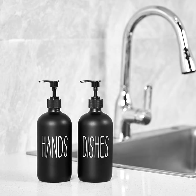 Glass Soap Dispenser Set 2 Pack,Contains Hand and Dish Soap Dispenser.Premium 16 Oz Black Kitchen Soap Dispenser Set for Kitchen Sink and Farmhouse Decor