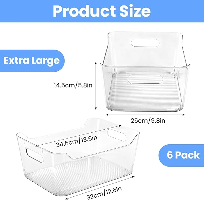Clear Plastic Storage Bins Set of 6, Multi-Use organizers and storage Containers With Handles, Organizer Bins for Home & Kitchen, Cabinet and Pantry