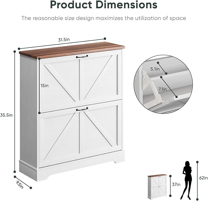 Shoe Cabinet, Shoe Storage Cabinet for Entryway with 2 Flip Drawers, Narrow Farmhouse Shoe Organizer Cabinet, Slim Shoe Rack Cabinet, White