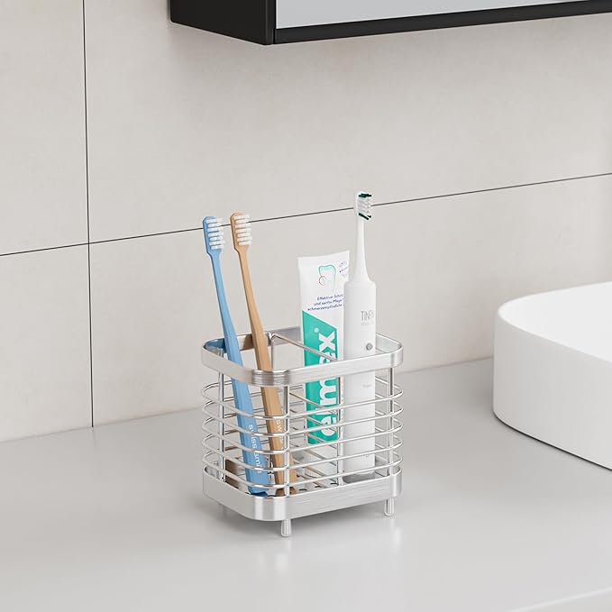 Countertop Toothbrush Holder for Bathroom, Stainless Steel Electric Tooth Brush Stand Storage Organizer with Drainage, Kids Toothpaste Holder Caddy, Silver Bathroom Sink Accessories Decor