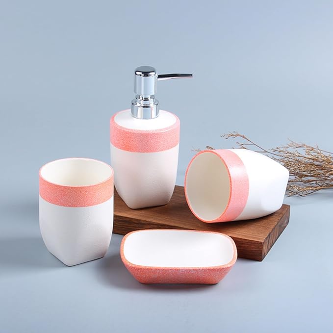 Bathroom Accessories Set of Ceramic soap Dispenser, 2 Toothbrush Cups, soap Dish, Exquisite Snowflake Glaze Technology Bathroom Accessories 4-Piece Set (Pink)