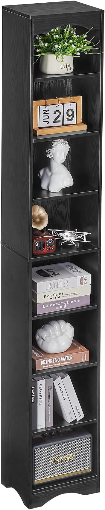 VECELO 6 Adjustable Shelf Narrow Storage Shelf - Elevated Dust-Resistant Base, Customizable Compartment Heights, Black Display Shelf for Small Spaces