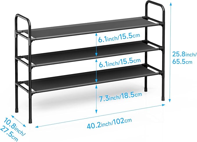 Long Shoe Rack for Closet - 3 Tier Shoe Organizer Storage for Entryway, Front Door Entrance, Metal Frame, Non-Woven Fabric Shelves, 10.8“ D x 40.2” W x 25.8” H