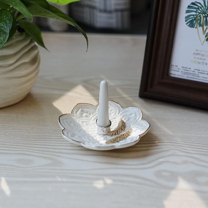 HOME SMILE Ceramic White Mandala Ring Holder,Decorative Jewelry Dish Tray, Engagement Wedding Birthday Valentines's Day Gifts for Women