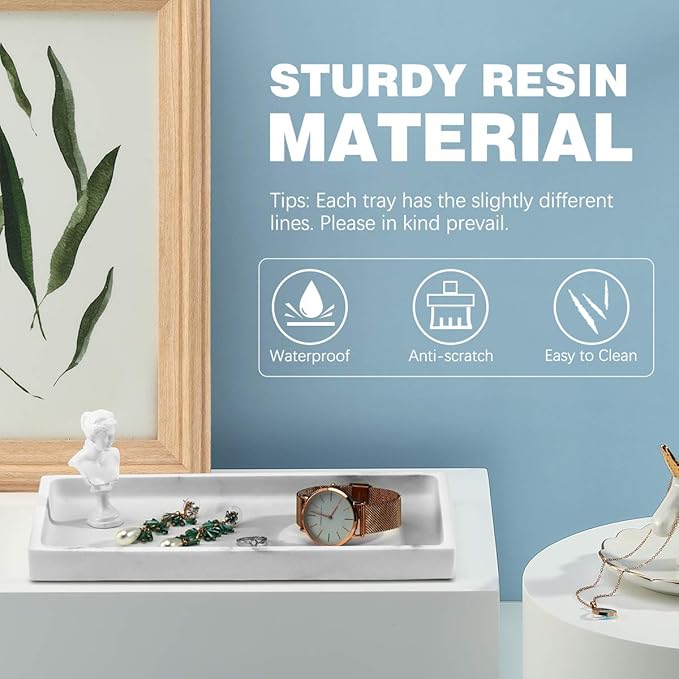 Emibele Bathroom Tray, Resin Countertop Vanity Tray Jewelry Storage Dresser Tray Kitchen Toilet Tank Tray Organizer for Candle Plant Perfume Shampoo Towel Home Decor, Medium, Gravel White