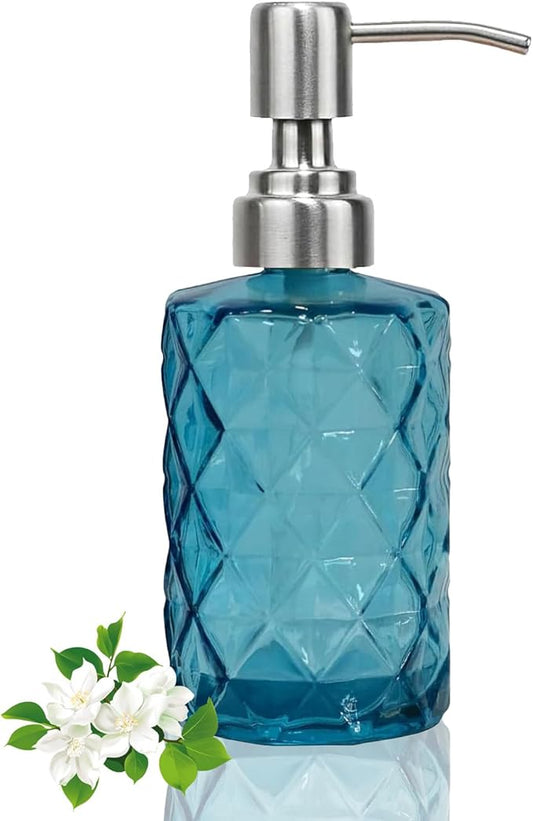 12Oz Blue Glass Soap Dispenser with Stainless Steel Pump, Refillable Kitchen Liquid Hand Soap Dispenser with Diamond Design, for Dispense Hand soap, Dish Soap, Lotion, Bathroom, Countertop, Hotel