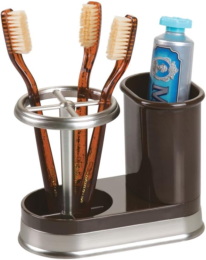 mDesign Decorative Bathroom Dental Storage Organizer Holder Stand for Electric Spin Toothbrush/Toothpaste - Compact Design for Countertop and Vanity, Holds 4 Standard Brushes - Dark Brown/Brushed