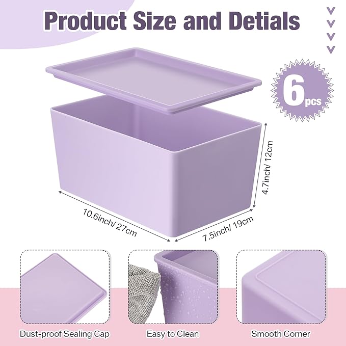Menkxi 6 Pcs Storage Bins with Lids Small Plastic Storage Containers Stackable Storing Baskets Box Cute Organizer Bins for Organizing Shelves (Pink,Purple,Orange)