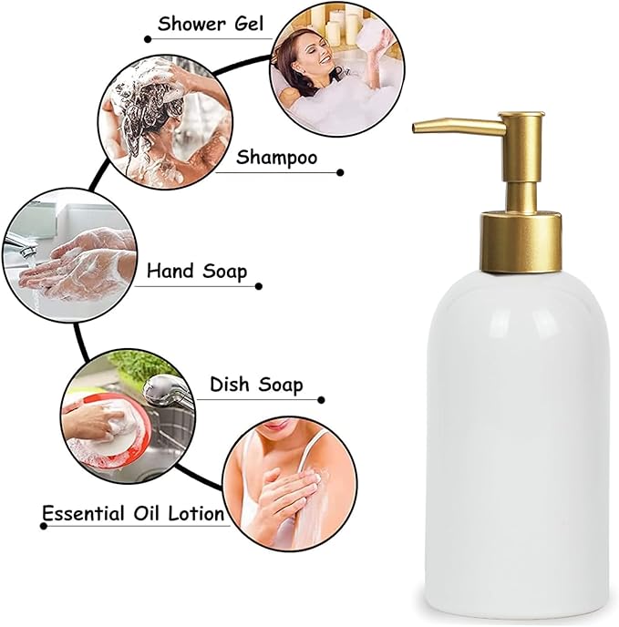 2Pack Ceramic Soap Dispenser White with Gold Pump,Simple Design Cylindrical Lotion Dispenser Bottle,Refillable Liquid Hand Soap Dispenser for Kitchen,Bathroom,Washroom