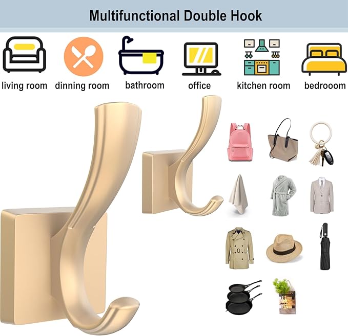 Gold Coat Hooks, Towel Robe Hooks Bathroom Entryway Mudroom Pool Hooks for Wall Mount Hanging Towels Bathrobe Key Hat Backpack (2 Pack, Gold)