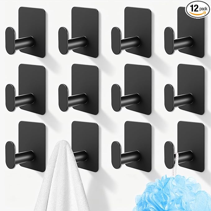 Stainless Steel Adhesive Hooks 12 Pack, Black Wall Hooks for Bathroom, Kitchen, Coat & Towel – No-Drilling Door Hanger for Home Organization