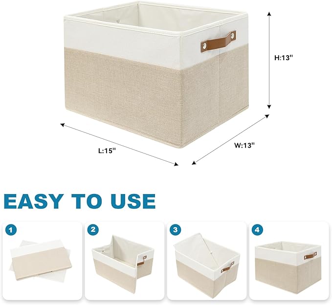 4 Pack Large Fabric Storage Baskets for Shelves , Closet Storage Bins for Shelves, Fabric Baskets for Organizing with Handles for Home organization and Storage (White with Beige,15"L*13"W*13"H)