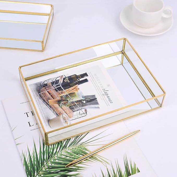 Sooyee Rectangle Mirror Decorative Tray, Gold can Hold Perfume, Jewelry, Cosmetics, Makeup, Magazine and More, for Vanity,Dresser,Bathroom,Bedroom(12âx8â)
