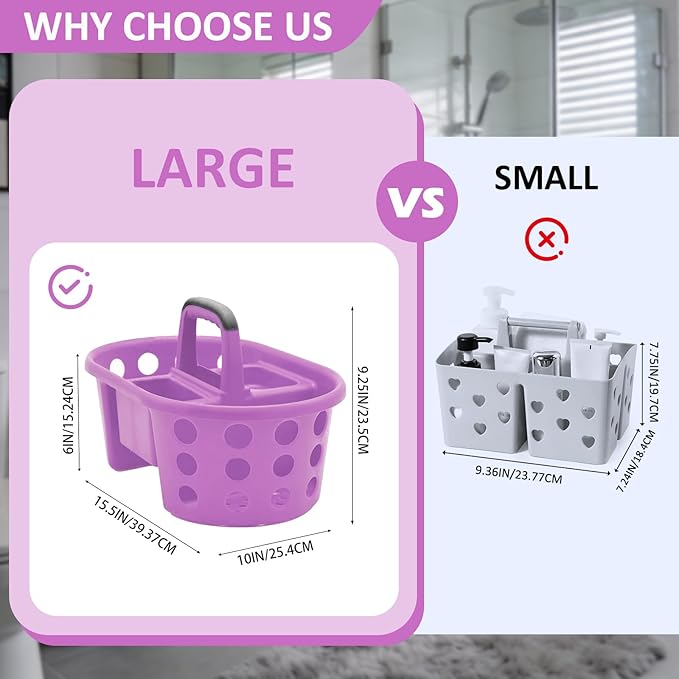 Large Shower Caddy Portable 2PC - Made in USA Plastic Jumbo Size Dorm Storage Candy Tote with Handle Shower Organizer for Bathroom, Pantry, Kitchen, College Dorm, Purple